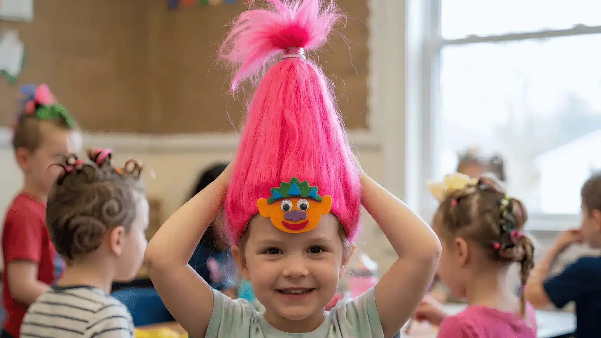 Child wearing bright pink troll style hairpiece in classroom