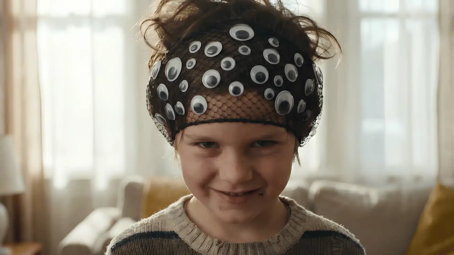 Child wearing googly eyes net cap smiling indoors