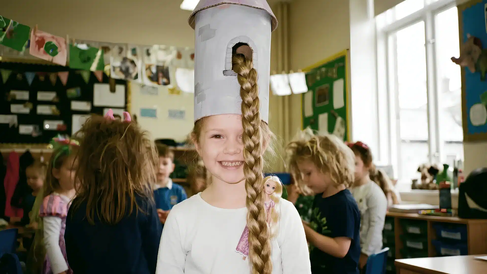 Child wearing tall hat braid hairstyle holding a doll in classroom