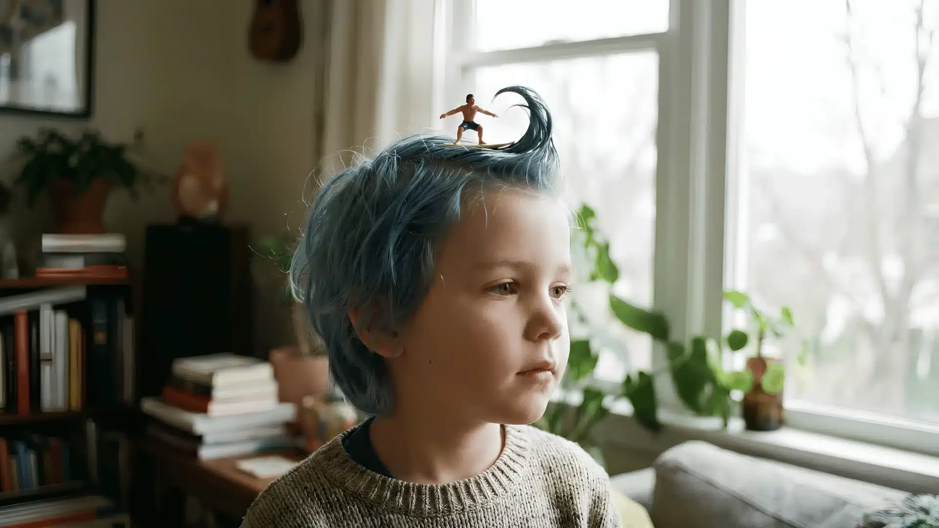 Child with blue hair styled like a wave with tiny surfer figure