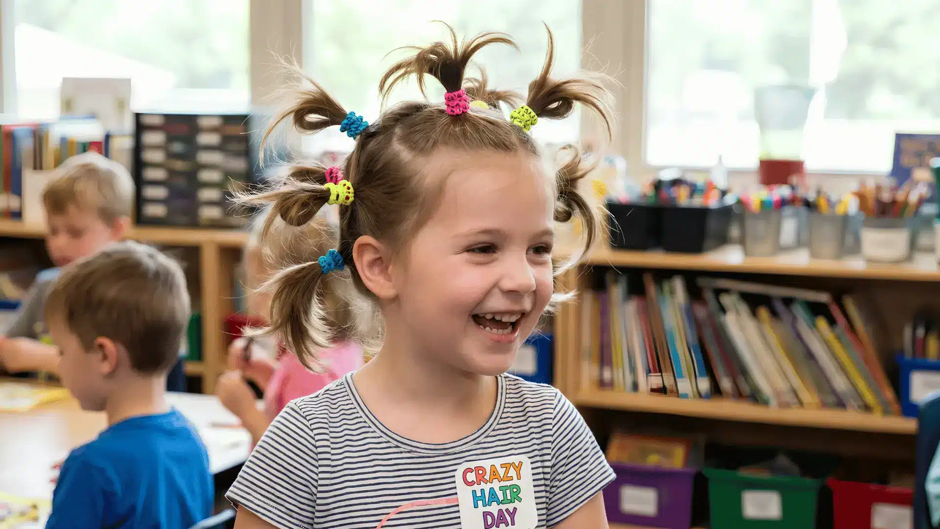 Child with multiple ponytails tied up in classroom smiling