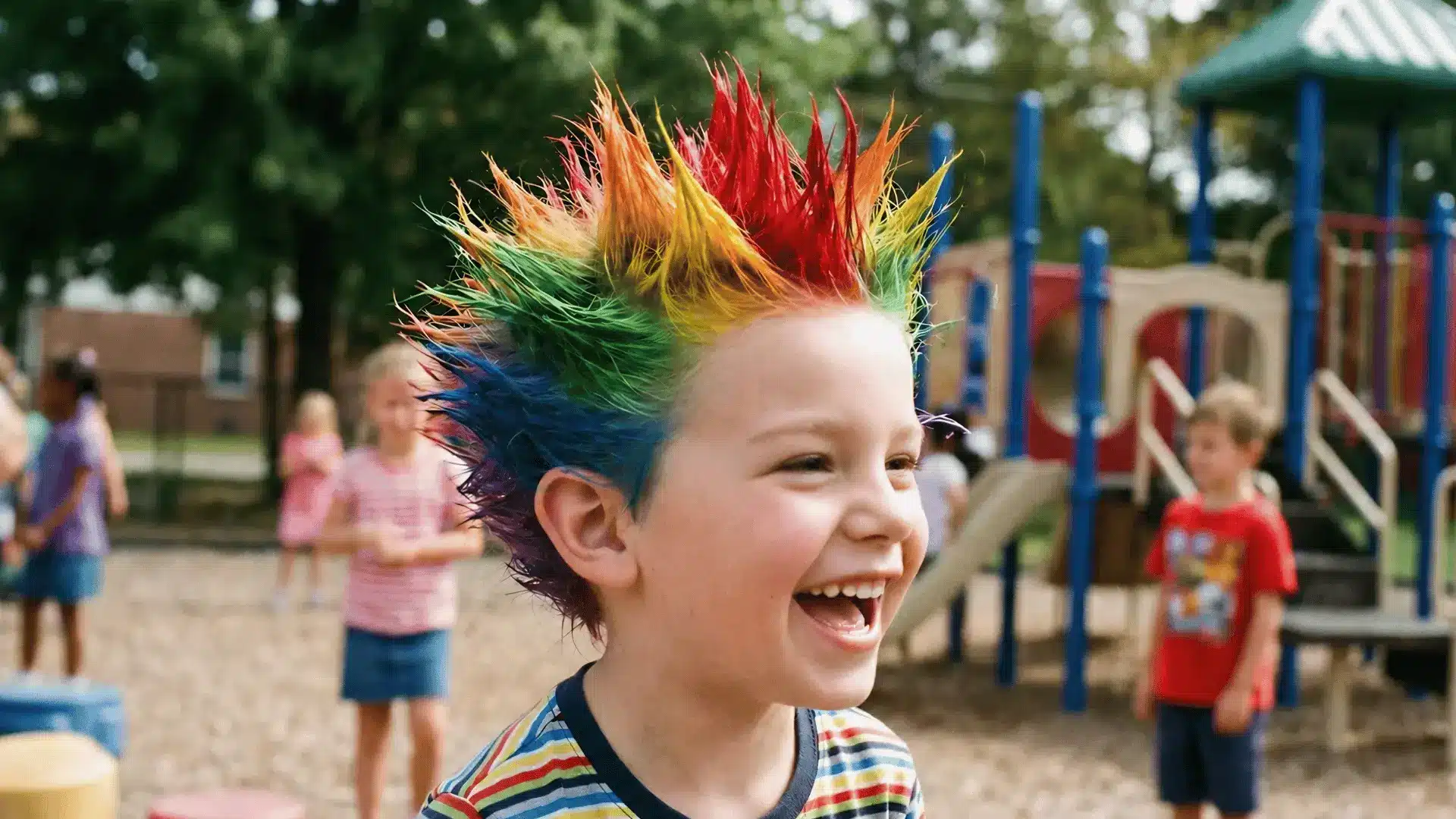 Child with rainbow spiked hair smiling at playground with kids behind