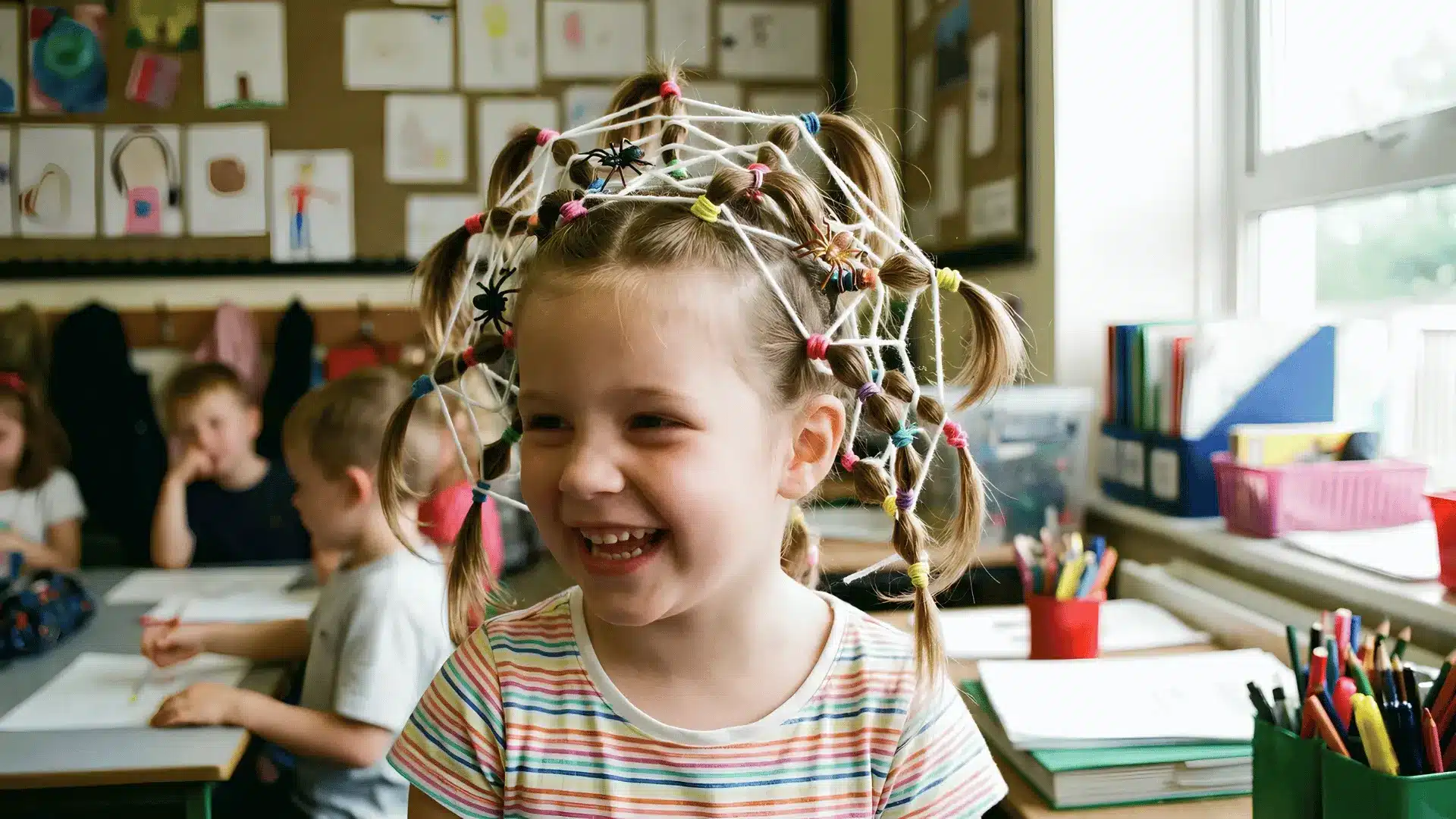 Child with spiderweb hairstyle and toy spiders in classroom