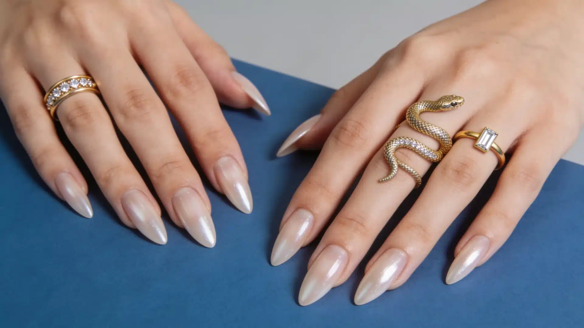 Classic glazed donut almond nails with pearl chrome shine and gold rings