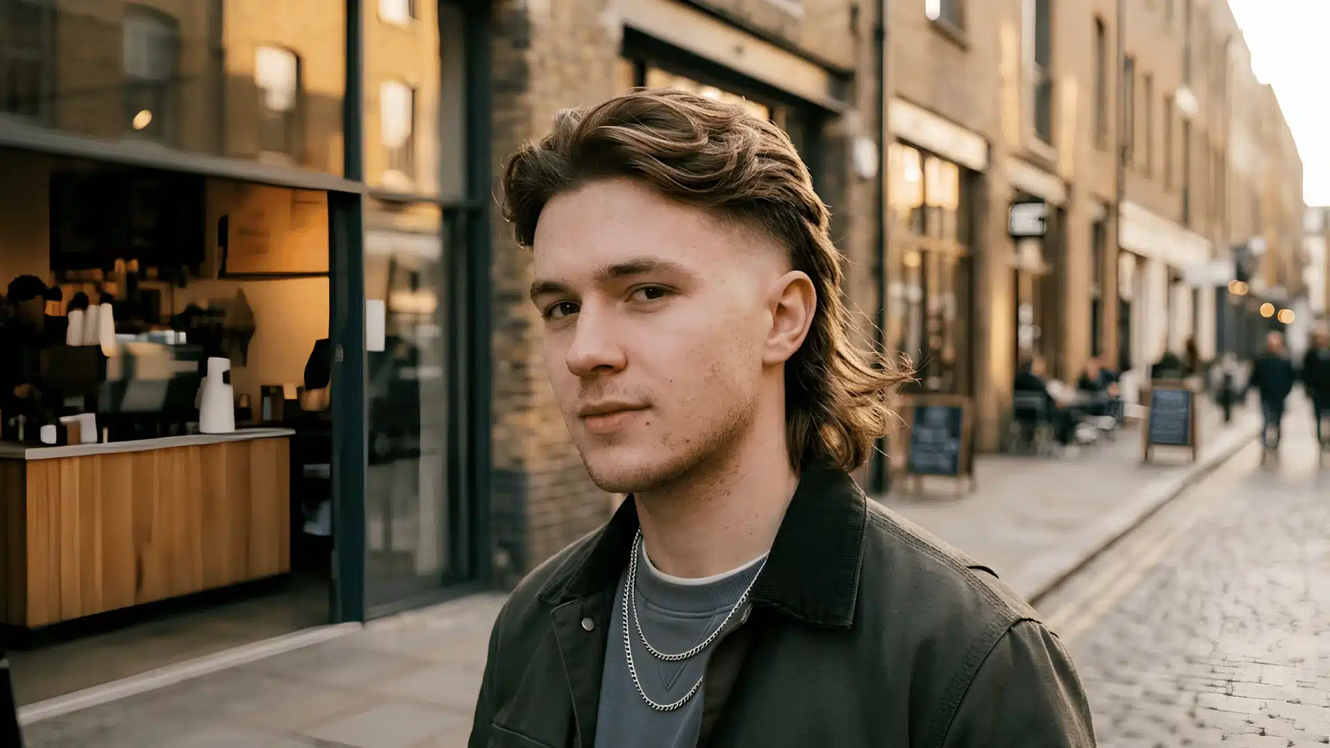 Classic skin fade mullet with textured top and medium back in natural lighting