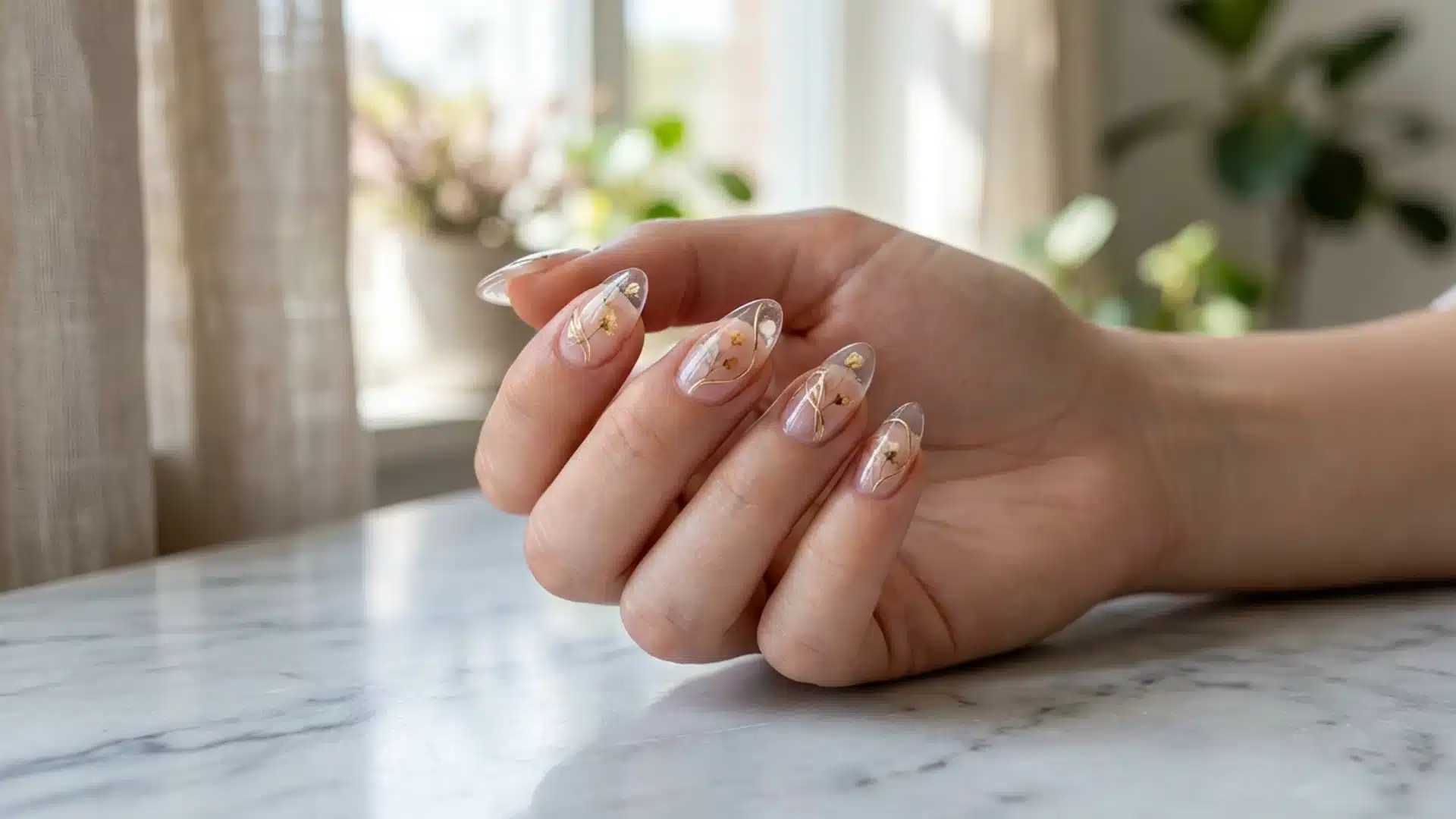 Clear base nails with gold foil accents and delicate line art on almond-shaped tips, soft natural lighting