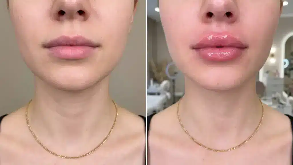 Close up before and after lip blushing showing natural lips on left and fuller glossy lips on right