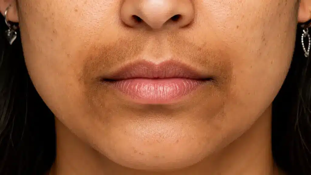 Close-up of a lower face showing visible brown hyperpigmentation around the mouth, natural skin texture, and pink lips