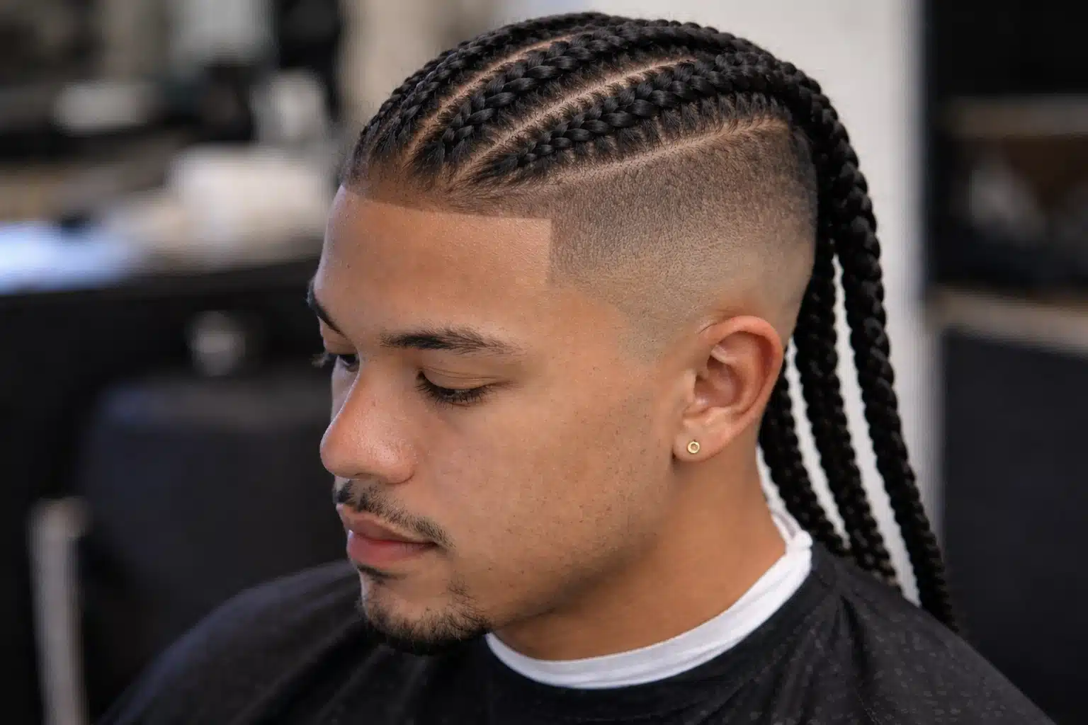 Close-up of a man with high fade slick back braided hairstyle, clean lineup and tapered sides in a realistic barbershop setting