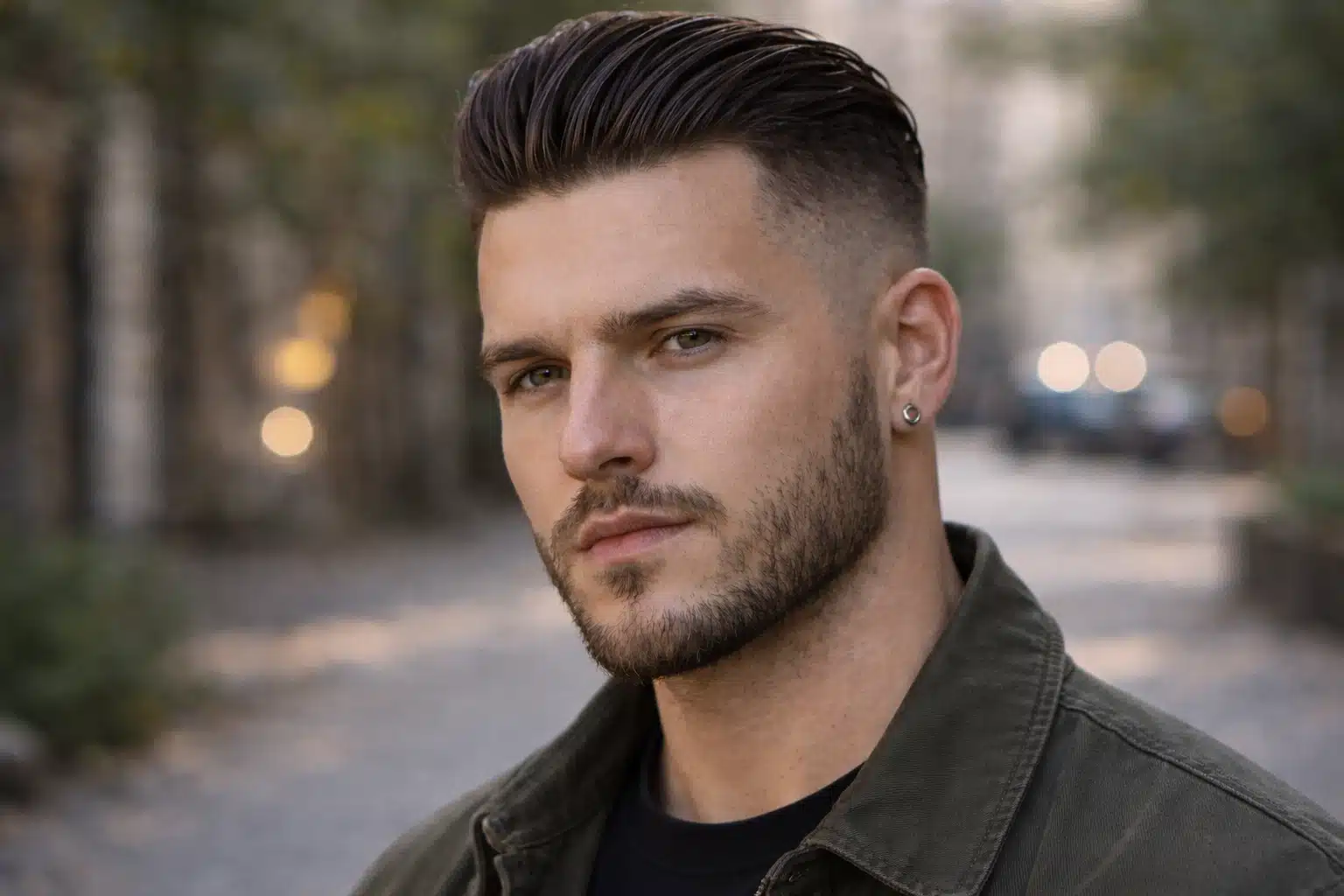 Close-up of a man with high fade slick back for square face, defined jawline, short beard, and blurred outdoor street background