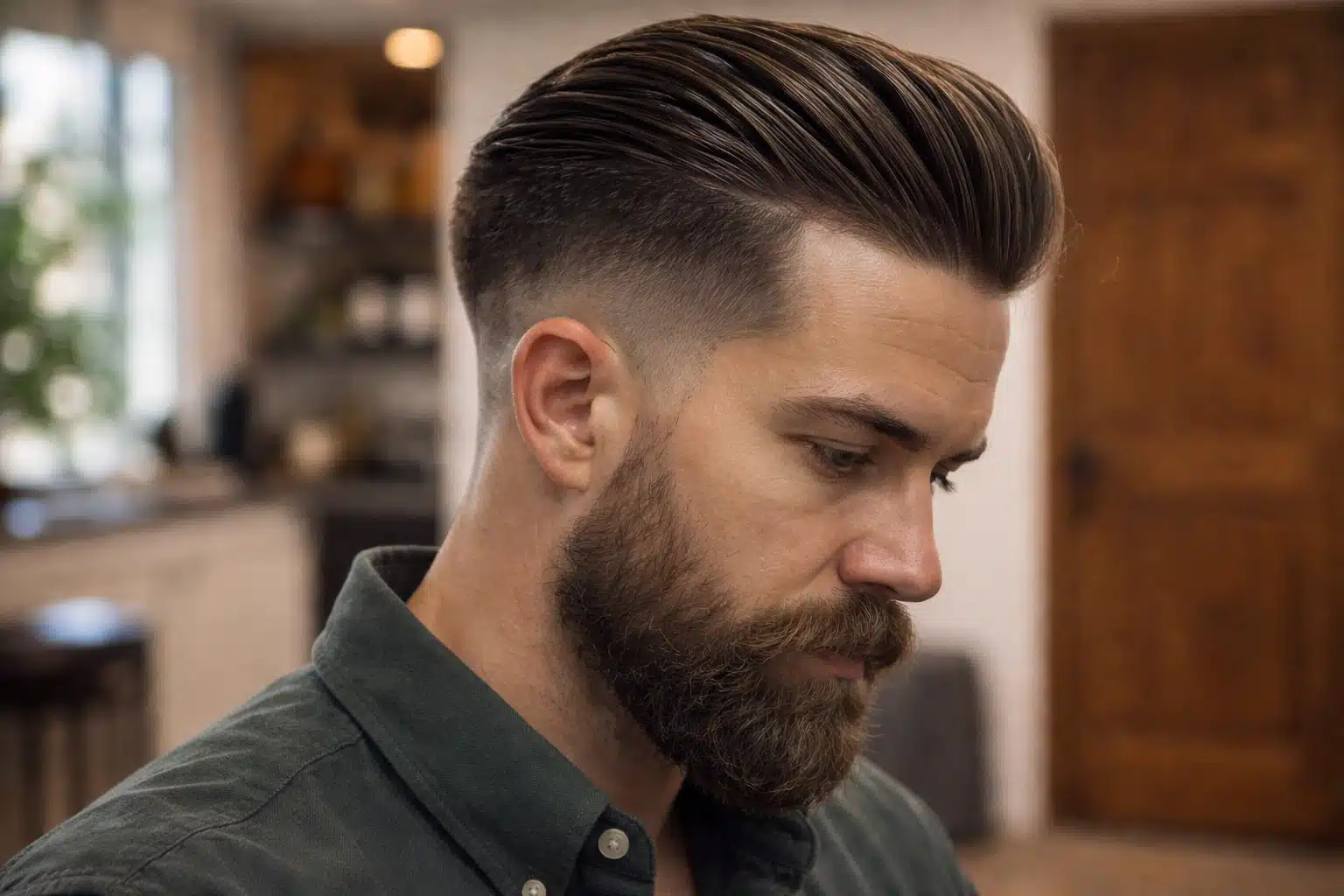 Close-up of a man with high fade slick back thick hair, full beard and sharp fade, in a natural indoor setting with soft lighting
