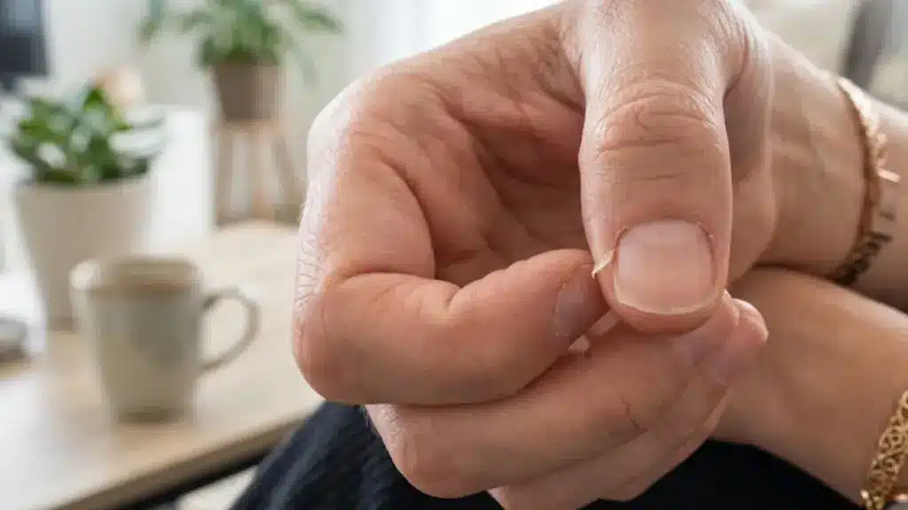 Close-up of a person pulling a hangnail beside the thumbnail