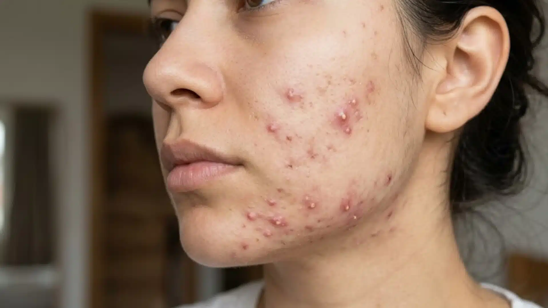 Close up of bacterial acne with red inflamed pimples and breakouts on cheek and jaw area of skin