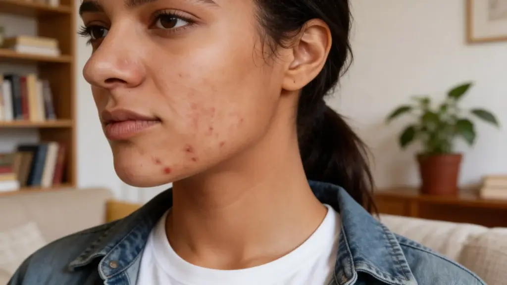 Close-up of chin acne with inflamed pimples, illustrating common causes like hormonal imbalance and clogged pores