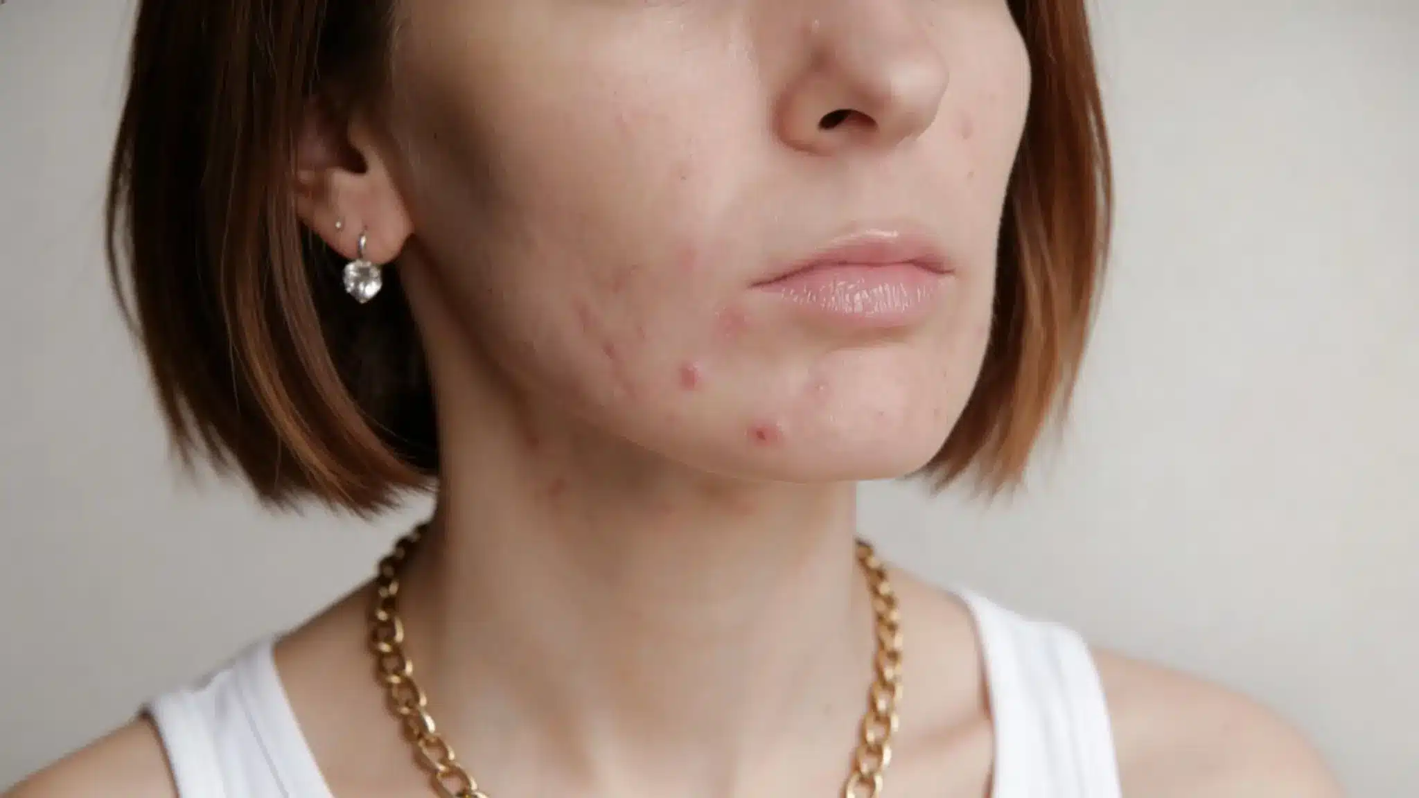 Close-up of chin acne with inflamed pimples, showing breakouts linked to hormonal fluctuations and imbalance
