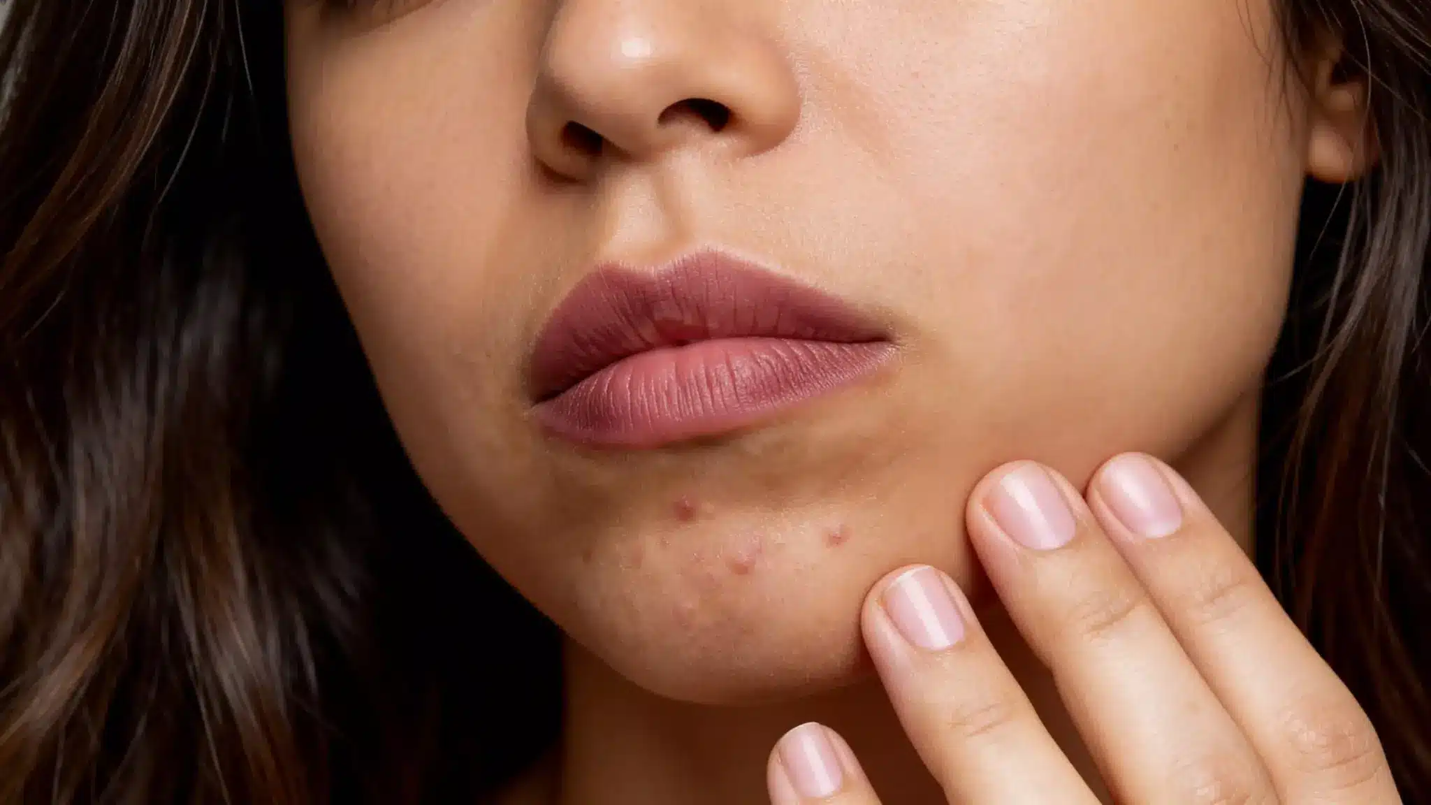Close-up of chin acne with small inflamed pimples, showing breakouts linked to everyday habits and skin triggers