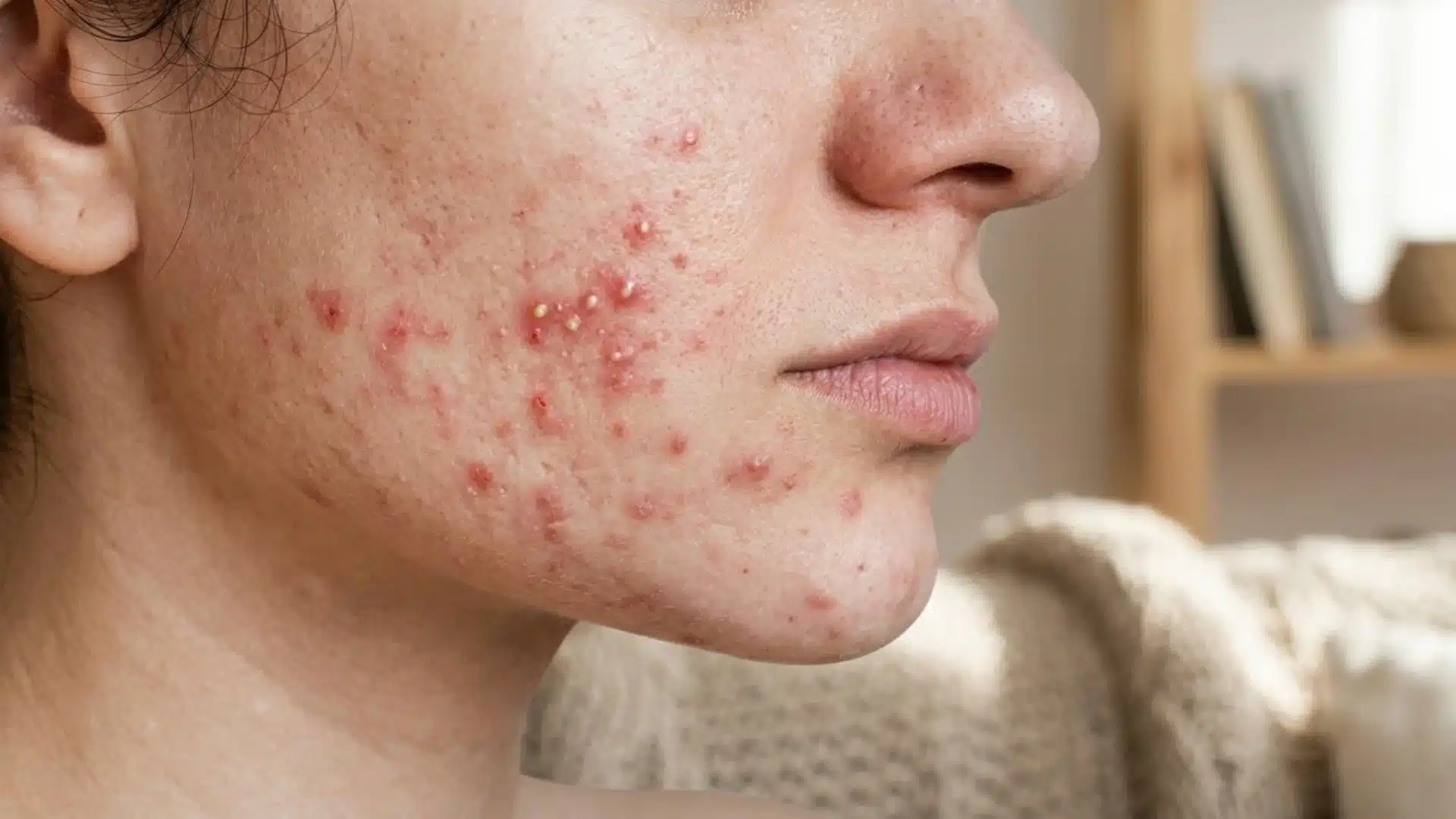 Close-up of chin and cheek with inflamed acne, red pimples, and visible whiteheads on sensitive skin