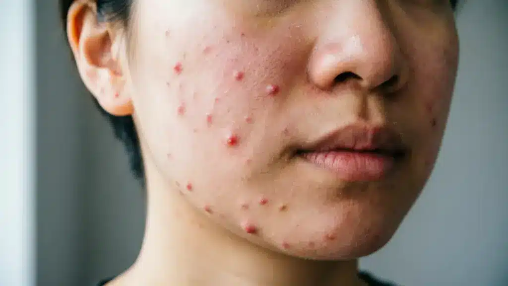 Close up of face with inflamed acne pimples on cheeks and chin showing redness breakouts and uneven skin texture