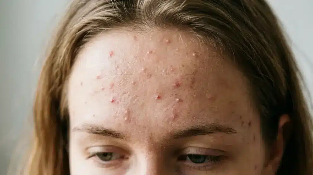 Close up of forehead acne with small red pimples and whiteheads across the skin above the eyebrows