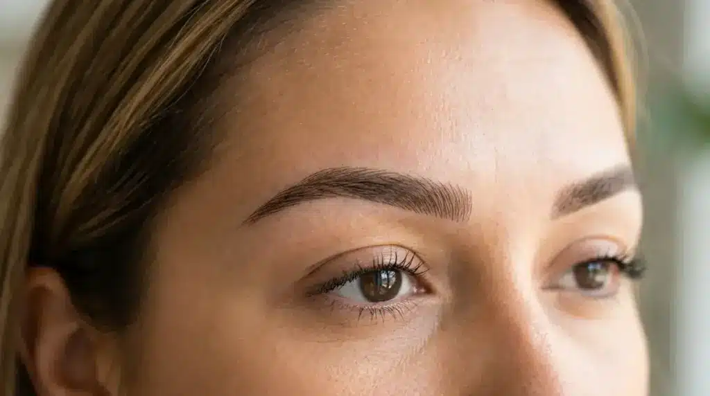 Close up of freshly microbladed eyebrows showing natural hair stroke detail and clean brow shape