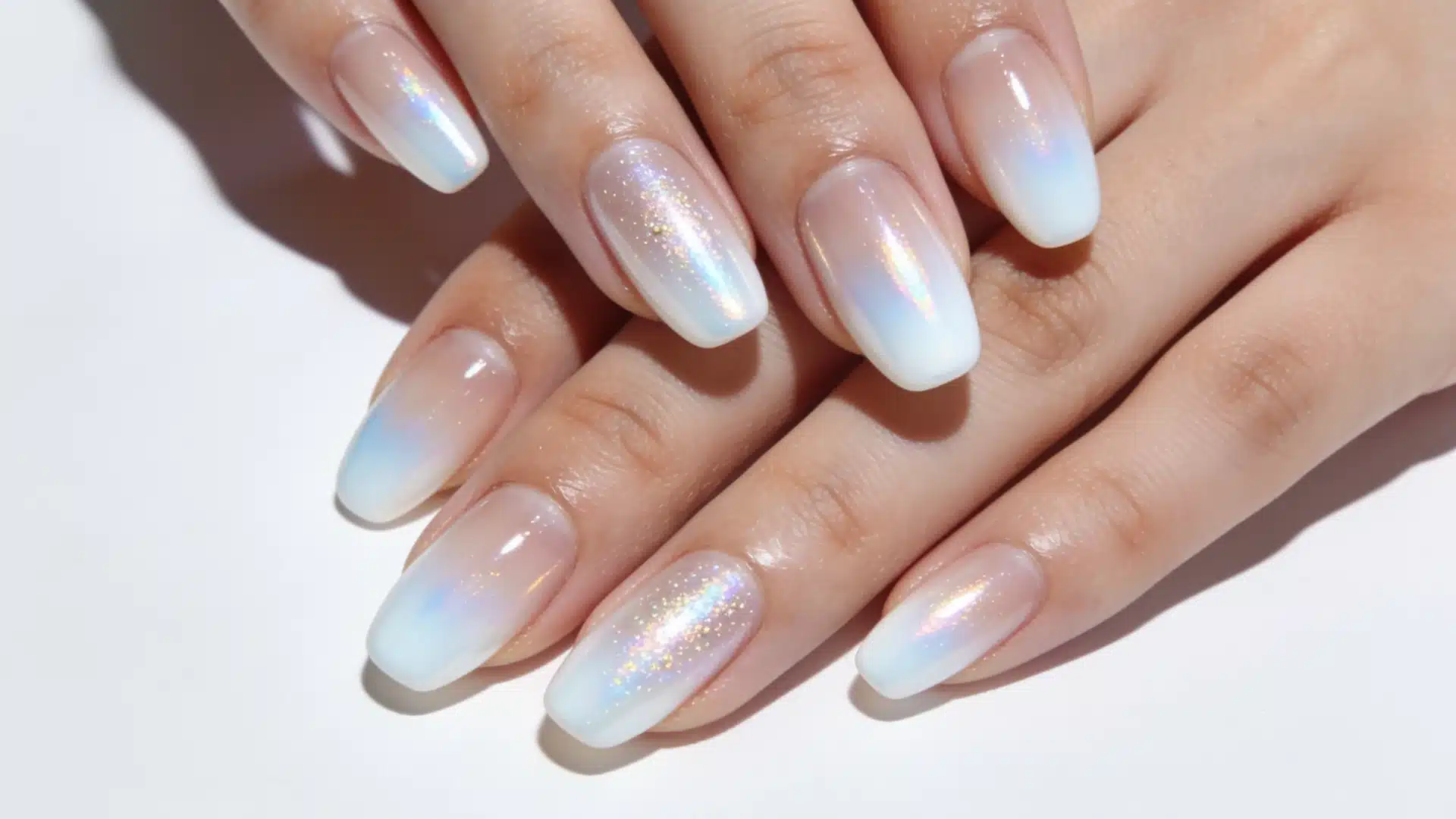 Close-up of glazed ombre nails on elegant hands