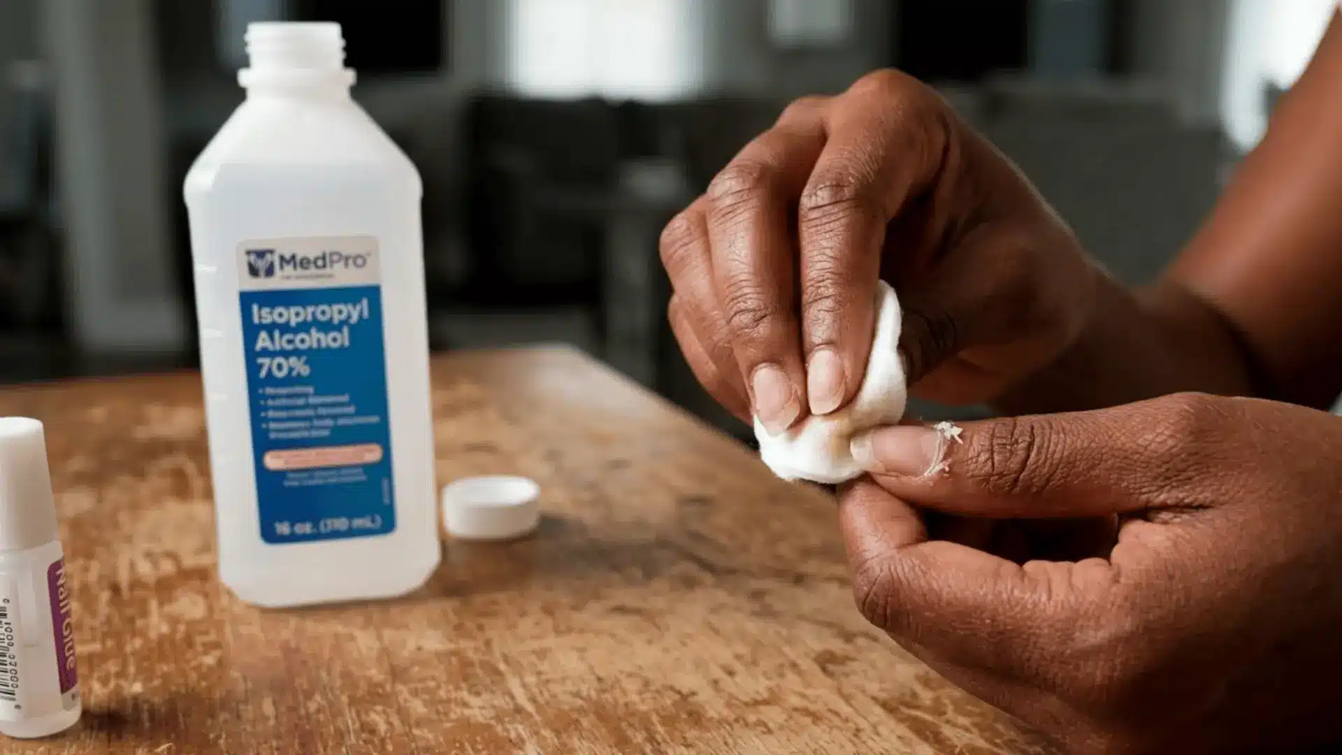 Close-up of hands using a cotton pad and rubbing alcohol to remove white nail glue from a cuticle on a wooden table