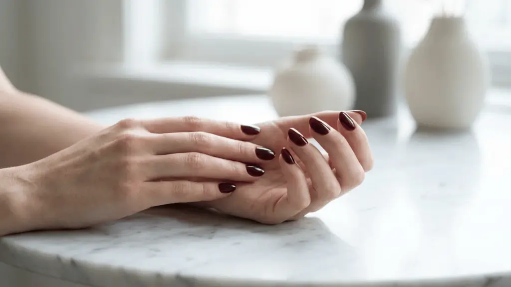 Close-up of hands with glossy burgundy gel nails resting on a marble table in soft natural light