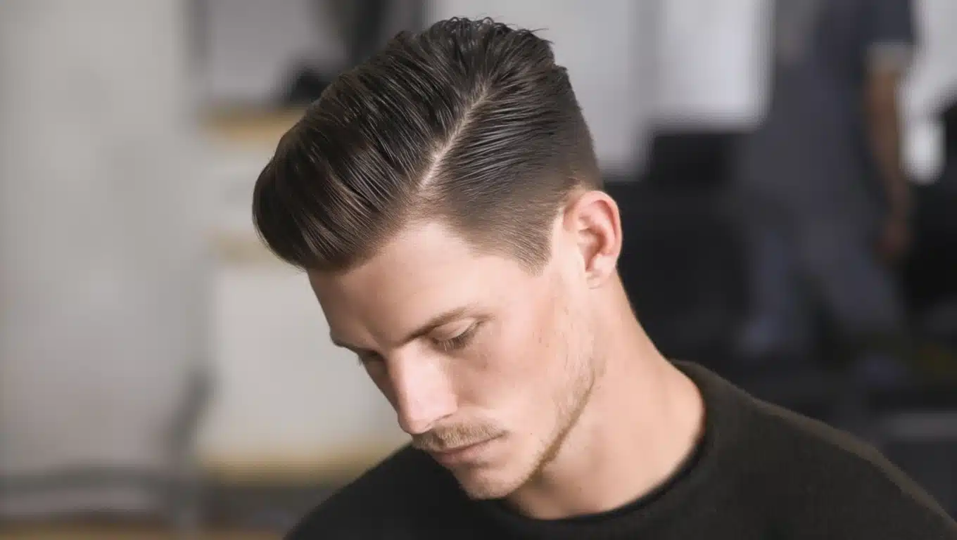 Close-up of man with high fade slick back hairstyle and defined side part, showing clean taper and smooth combed finish