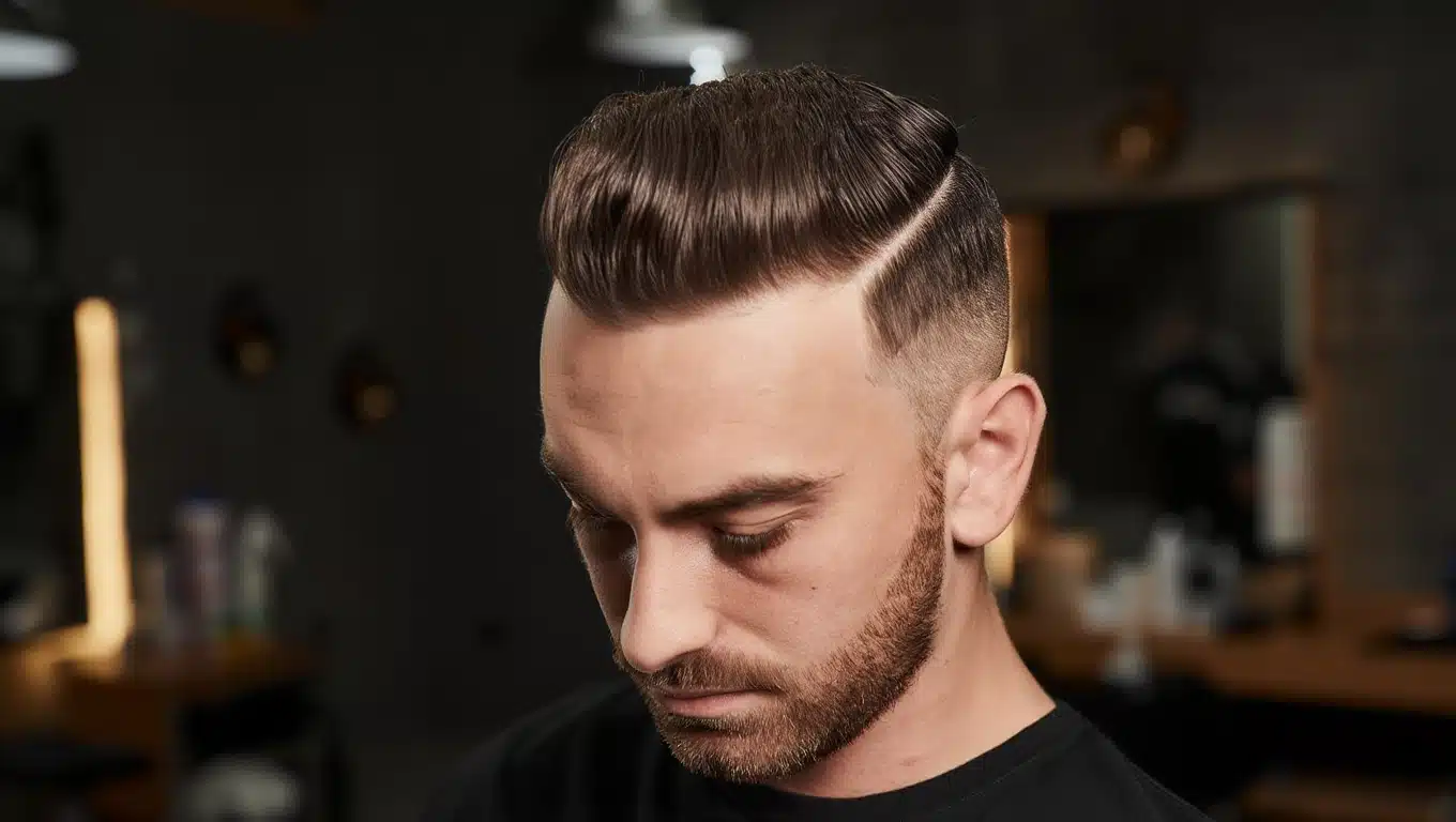 Close-up of man with high fade slick back hairstyle and sharp hard part, featuring clean sides and structured glossy top
