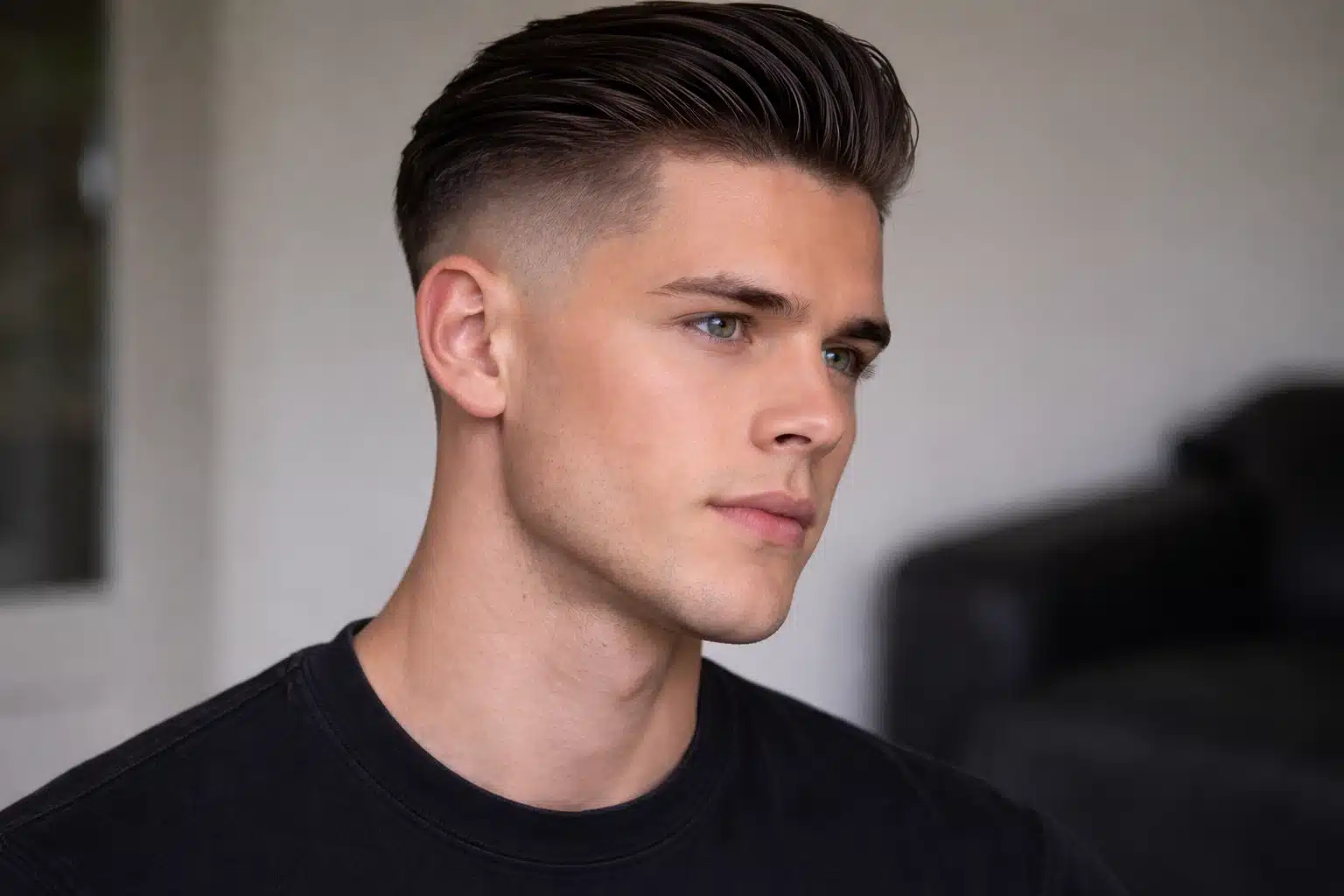 Close-up of man with high fade slick back hairstyle for oval face, clean shave, wearing black t shirt indoors