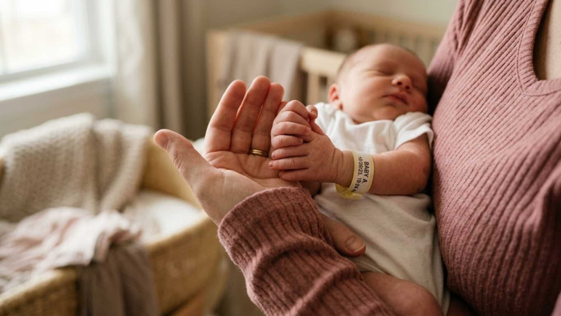 Close-up of mom in blush ribbed top holding newborn hands in newborn family photo session