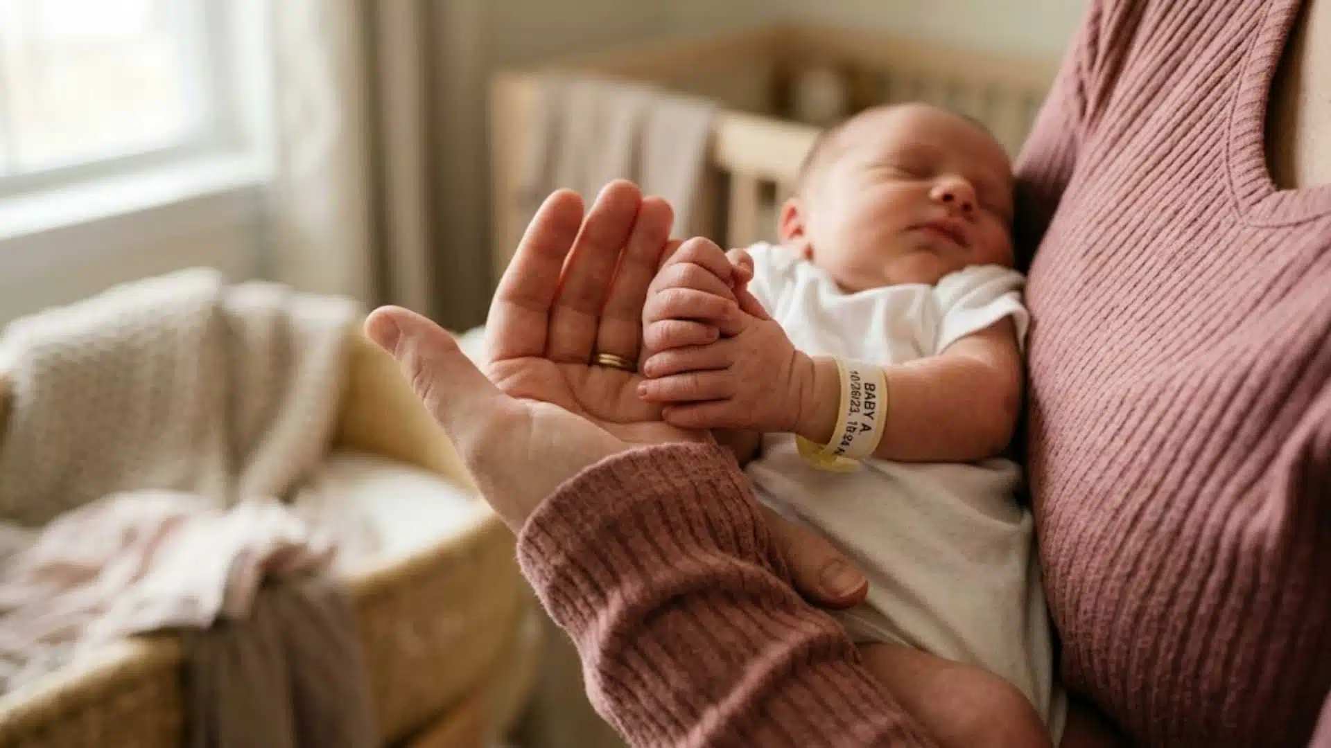 Close-up of mom in blush ribbed top holding newborn hands in newborn family photo session