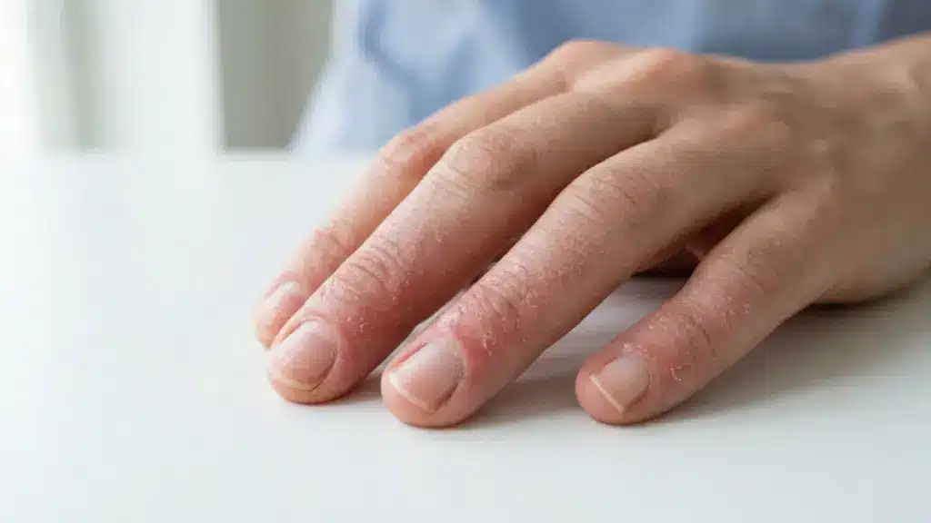 Close-up of redness and swelling around fingernail folds from an allergic reaction to gel polish