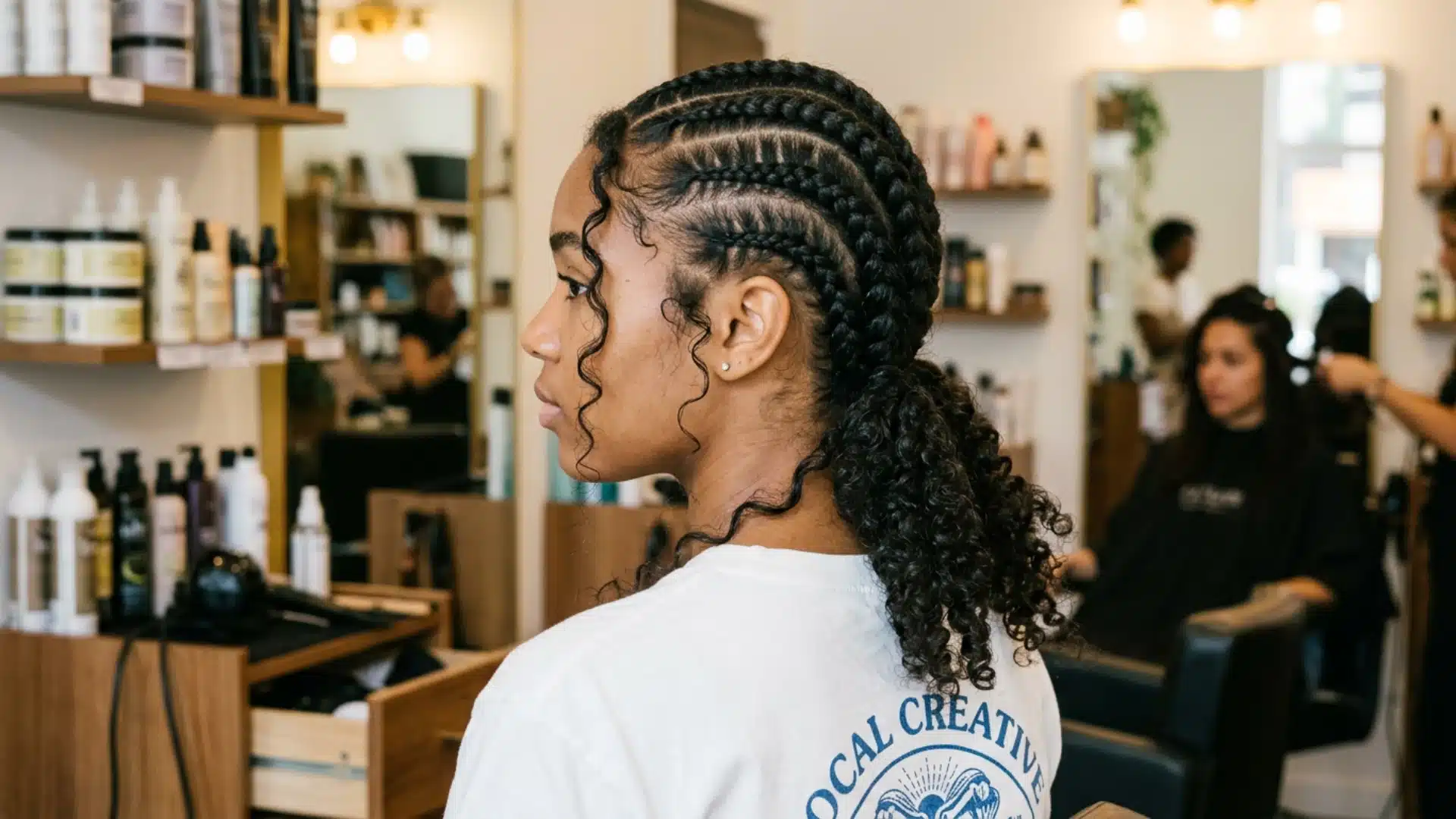 Close-up of stitch braids showing the horizontal stitching detail between cornrow rows