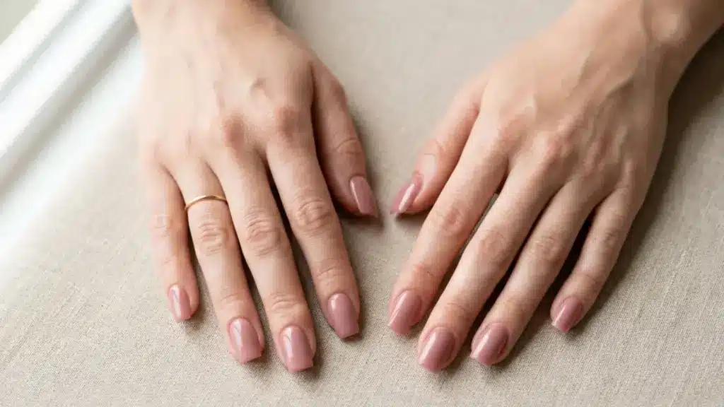 Close-up of two hands with manicured mauve pink nails, with a simple gold ring on the left ring finger