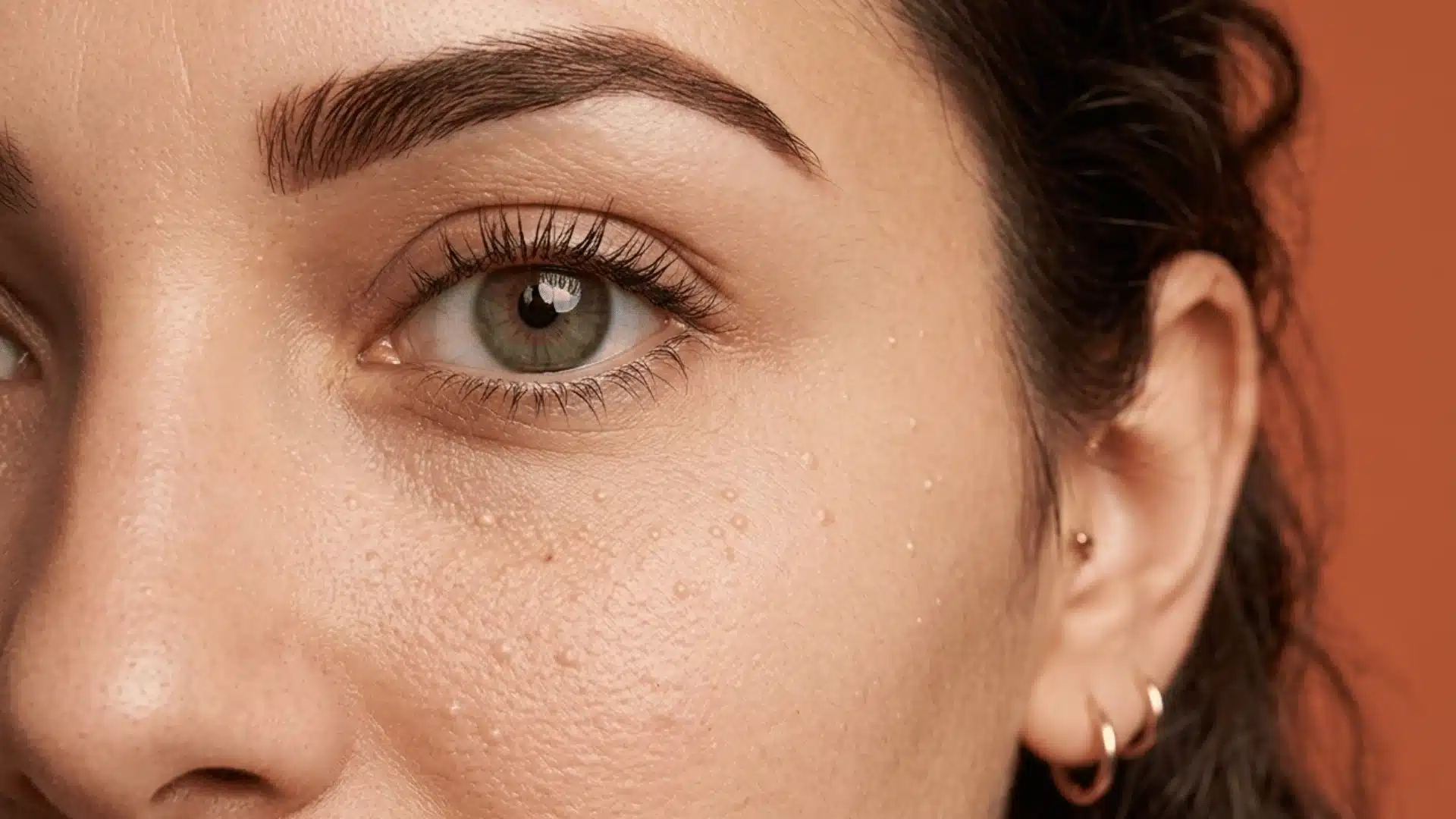 Close-up of a person's eye and cheek with small skin bumps (milia) against a solid terracotta background