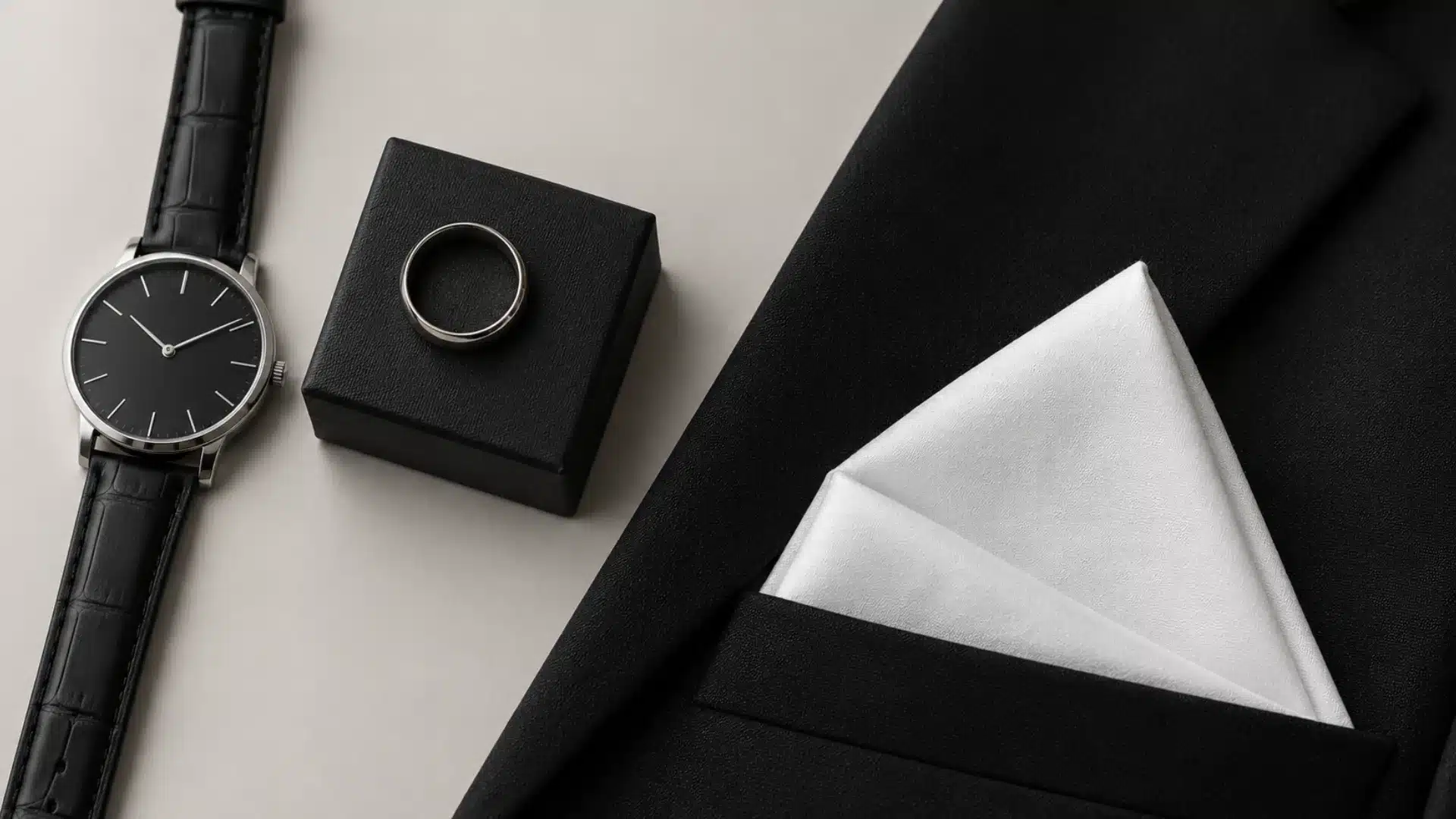 Close-up of a person wearing a classic black suit jacket, crisp white collared shirt, and a black necktie.