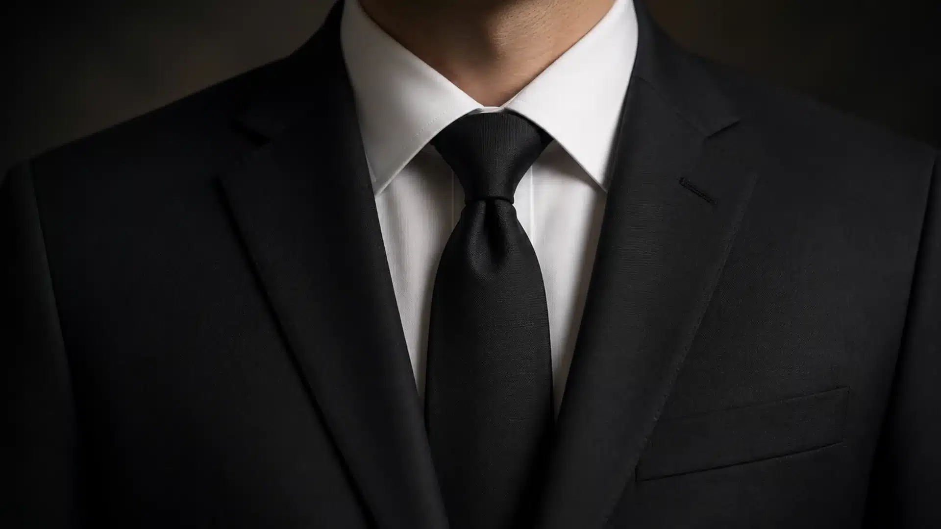 Close-up of a person wearing a classic black suit jacket, crisp white collared shirt, and a black necktie.