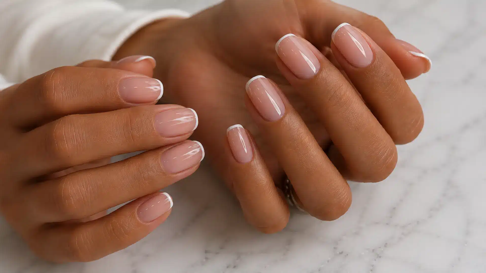 Close-up of oval nails with a barely-there micro-French white tip on a sheer nude base