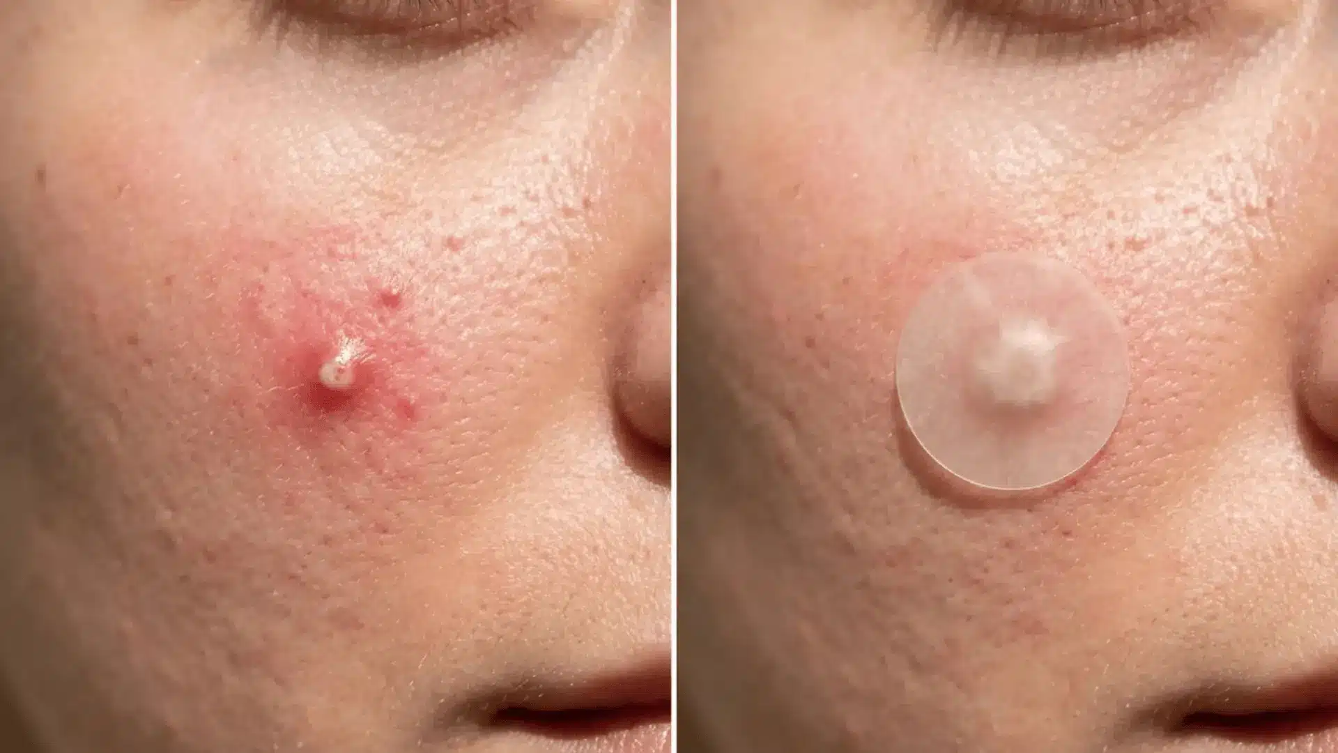 Close-up of whitehead with and without pimple patch showing how patches absorb acne fluid