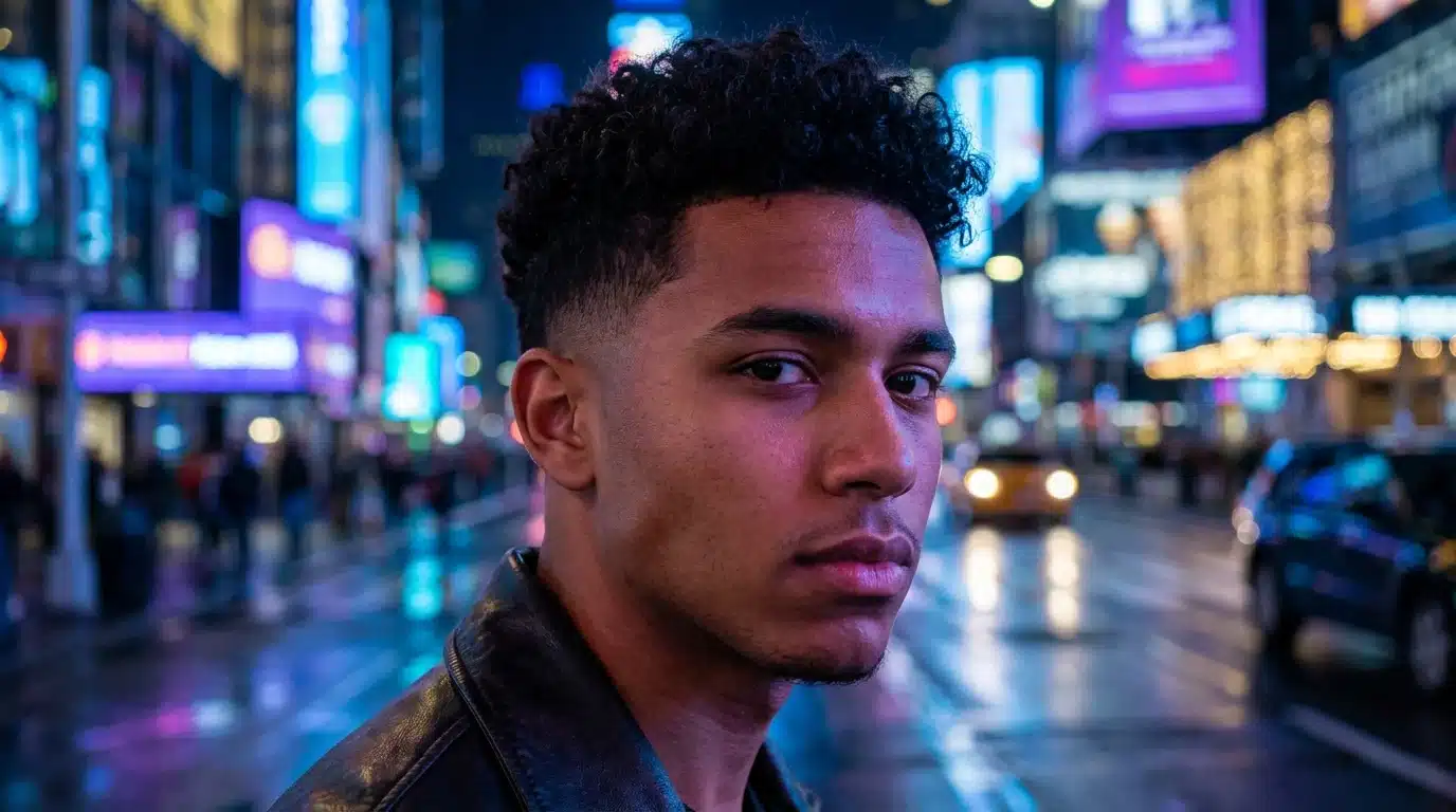 Close-up portrait of a man with curly hair in a leather jacket against a bokeh New York City street at night.