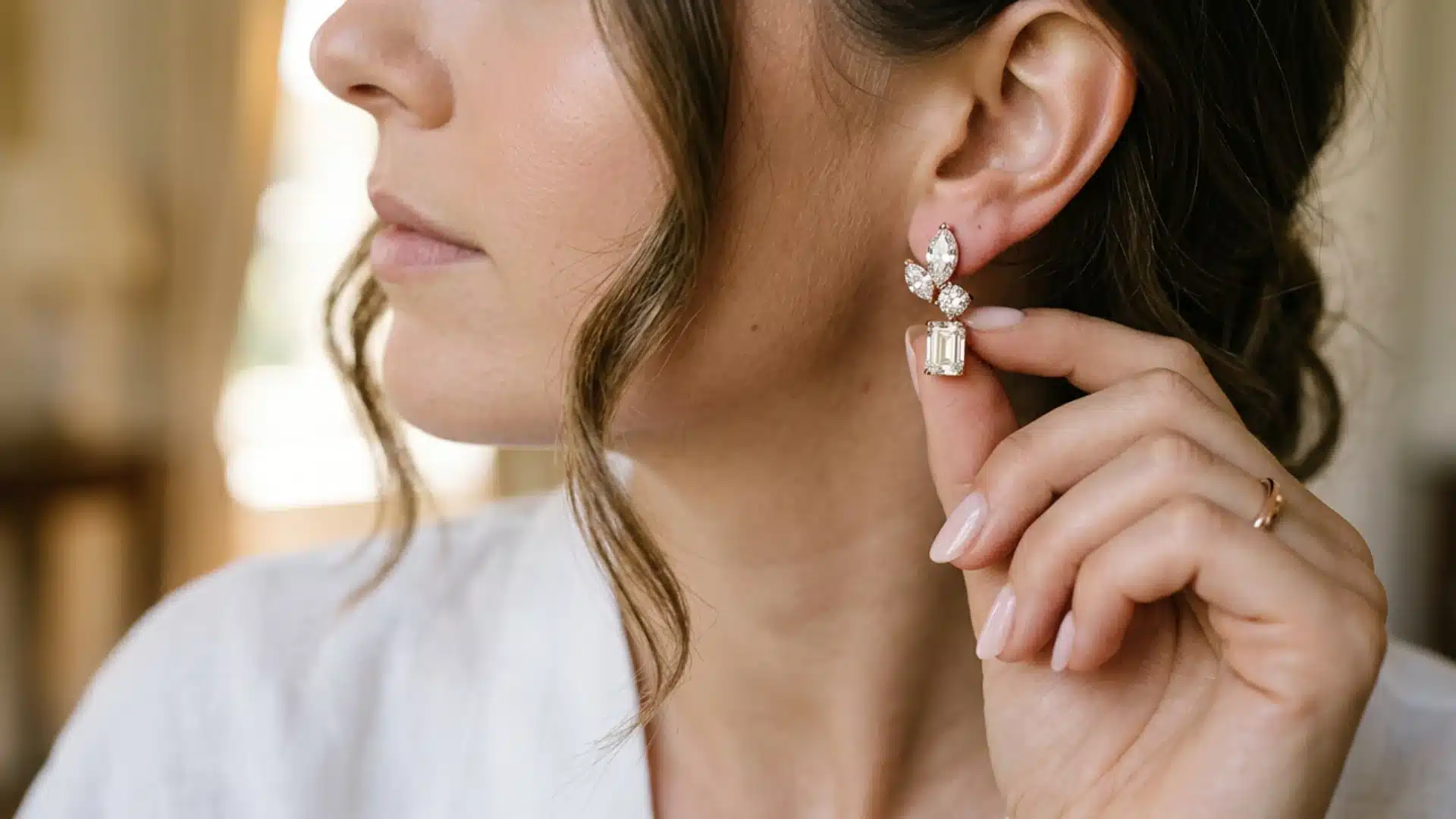 Close-up profile of a woman touching a silver drop earring featuring marquise diamonds and an emerald-cut diamond
