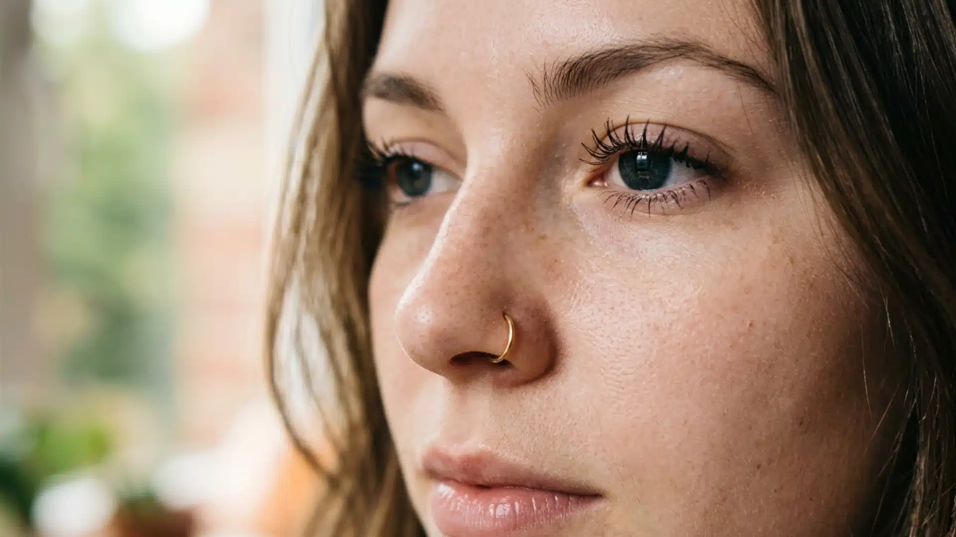 Close-up profile of a woman with freckles, blue eyes, and a small gold hoop nose ring