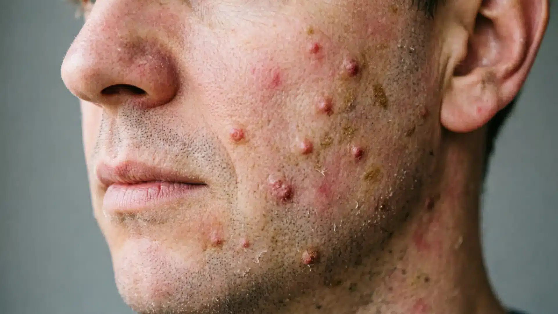 Close up of cheek with inflamed acne pustules redness and scabbing showing severe breakouts and irritated skin texture