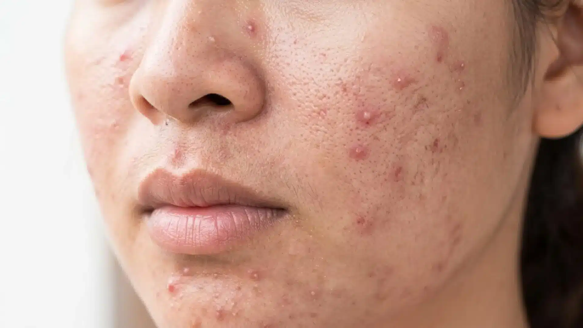 Close up of inflamed acne and blemishes on a woman’s face