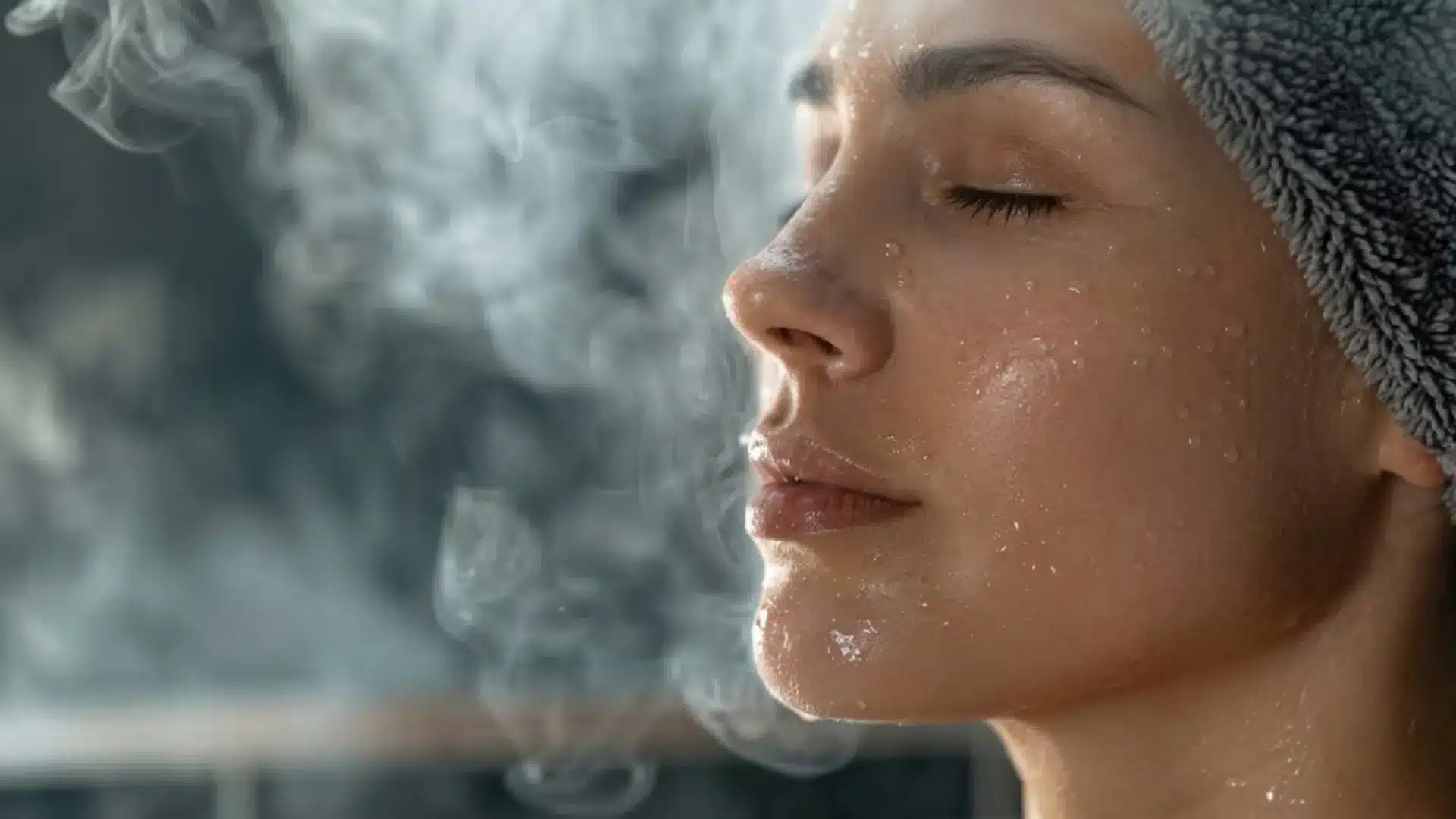 Close up of woman enjoying facial steam with water droplets on her skin