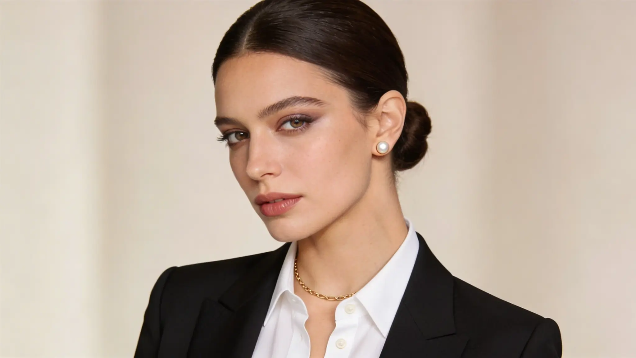 Close up of woman in black blazer and white shirt wearing pearl earrings and a gold chain necklace2
