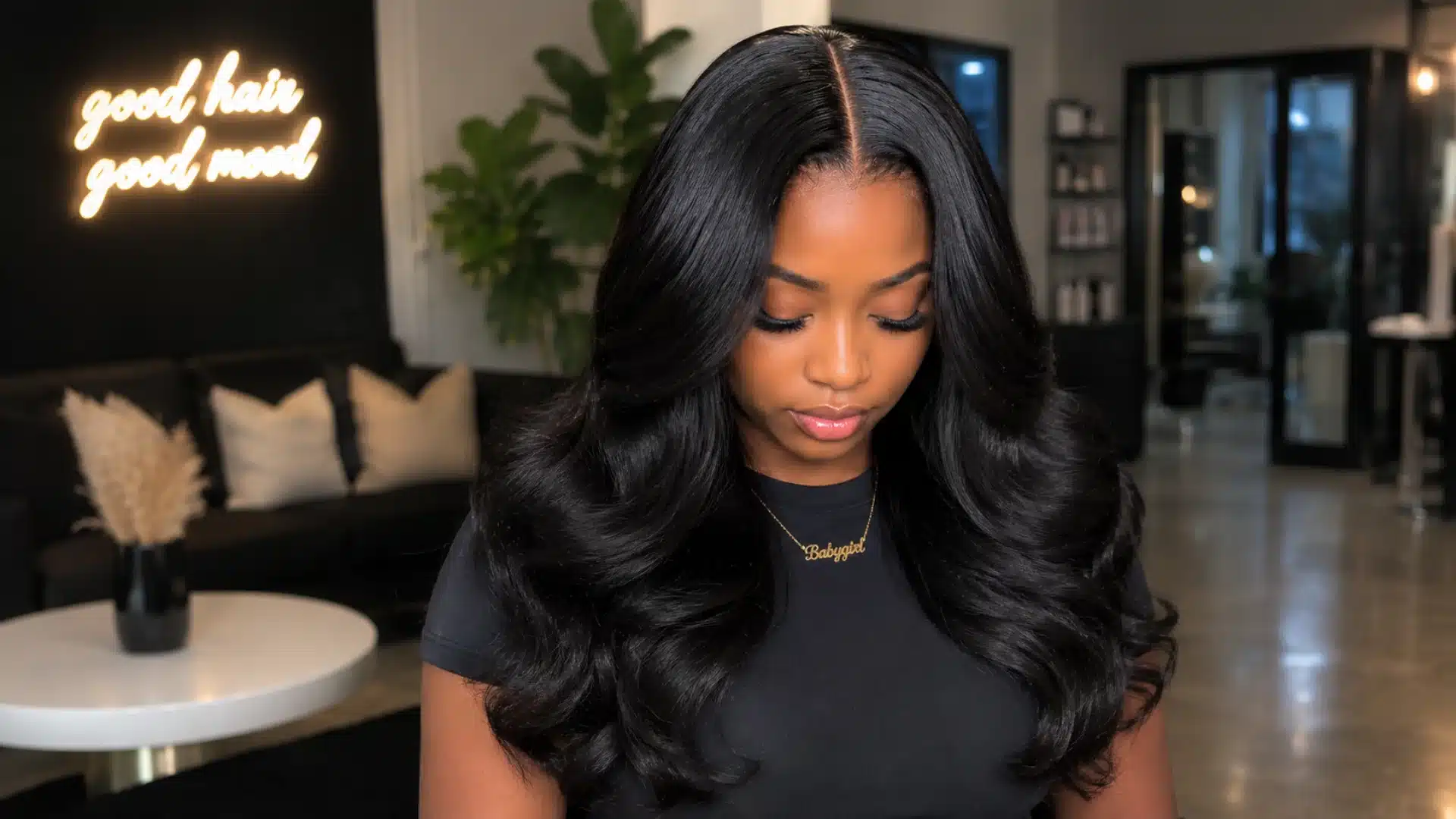Closure sew-in with middle part and soft body waves, styled in a salon with a sleek finish.