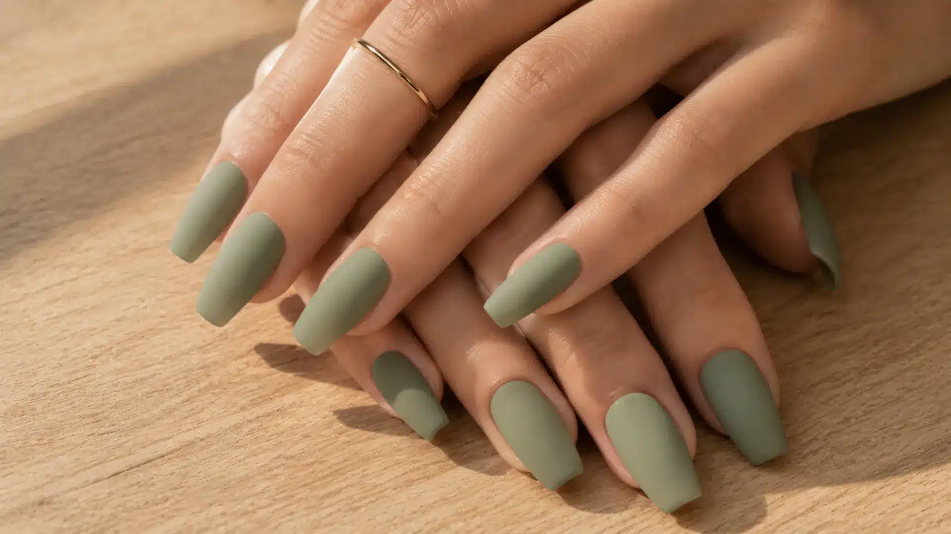 Coffin nails in dusty sage green matte polish paired with a thin gold ring, earthy editorial