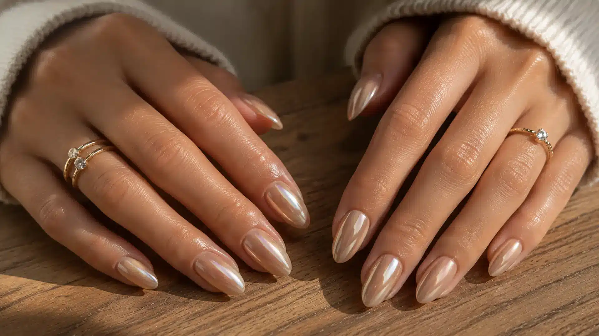 Coffin nails with a vanilla cream base and pearl iridescent chrome finish in warm natural light